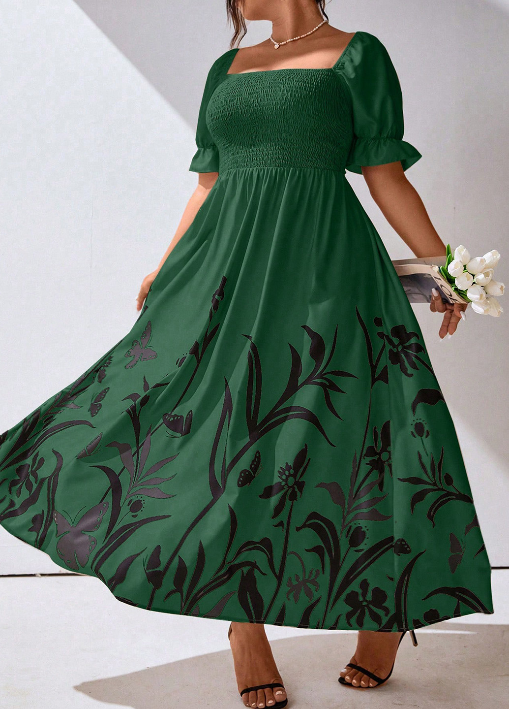 Зелена кежуал сукня кльош SHEIN з квітковим принтом