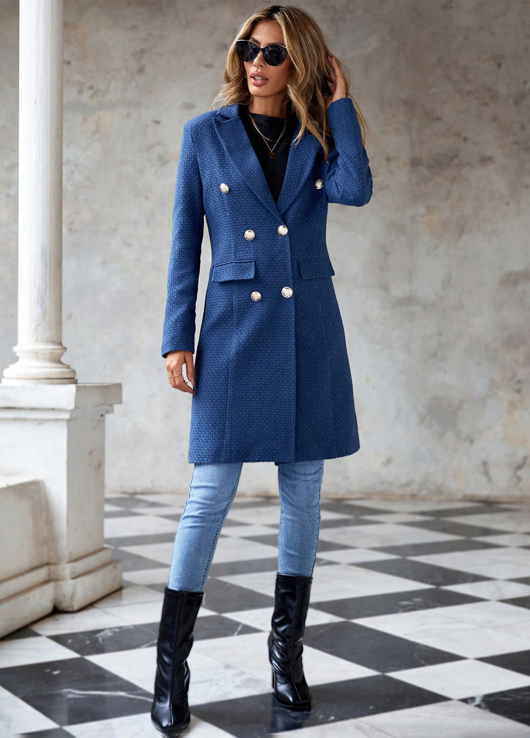 Синее демисезонное Пальто двубортное SHEIN