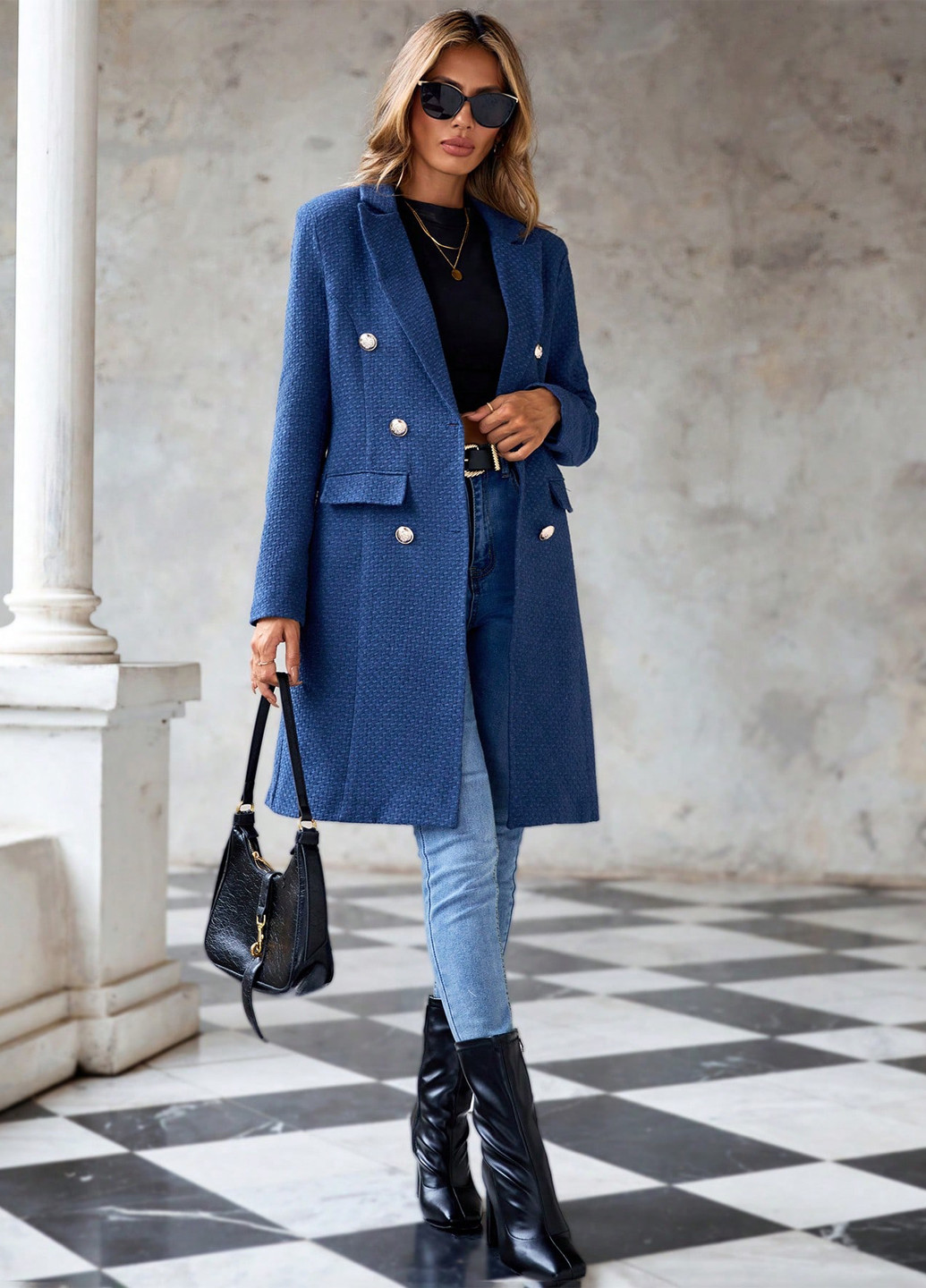 Синее демисезонное Пальто двубортное SHEIN