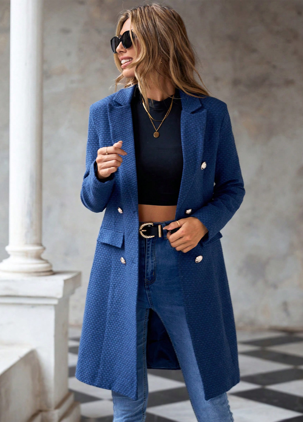 Синее демисезонное Пальто двубортное SHEIN