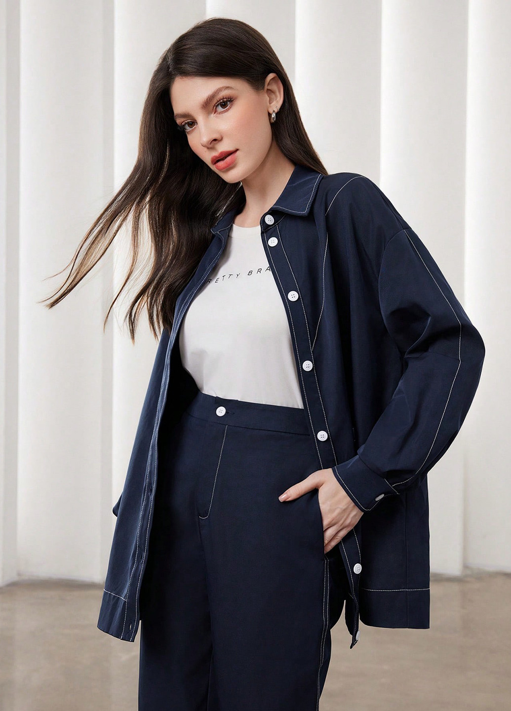 Темно-синяя кэжуал рубашка однотонная SHEIN