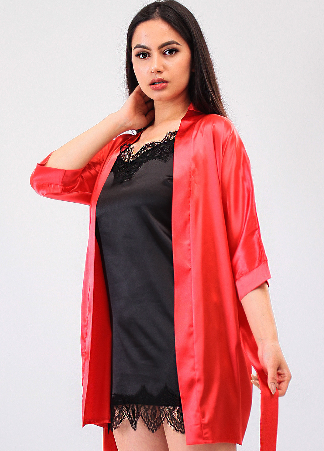 Світло-червоний демісезонний комплект (нічна сорочка, халат) Ghazel
