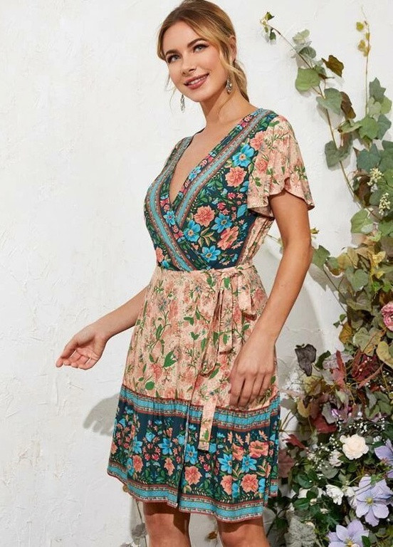 Бежевое кэжуал платье женское в стиле бохо flower meadow Berni Fashion с цветочным принтом