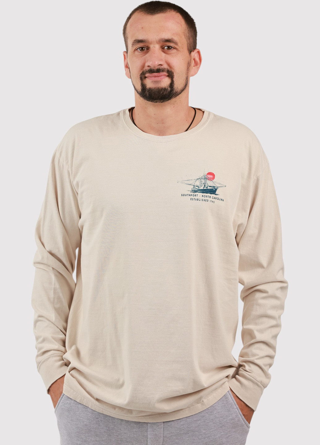 Лонгслів Blue 84 малюнок світло-бежевий кежуали трикотаж, бавовна