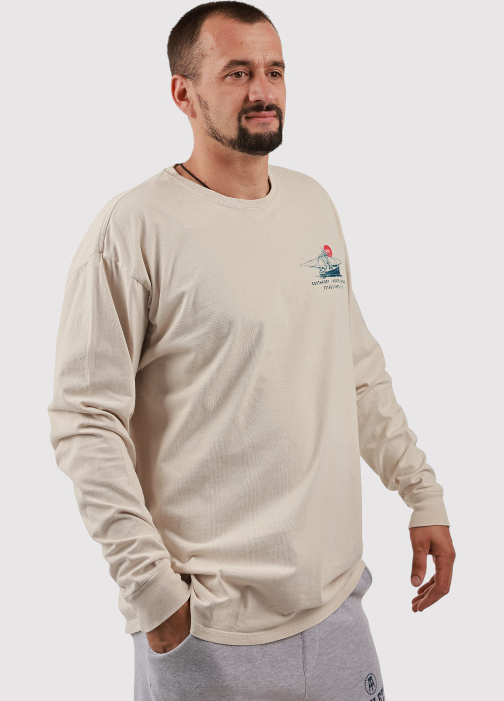 Лонгслів Blue 84 малюнок світло-бежевий кежуали трикотаж, бавовна