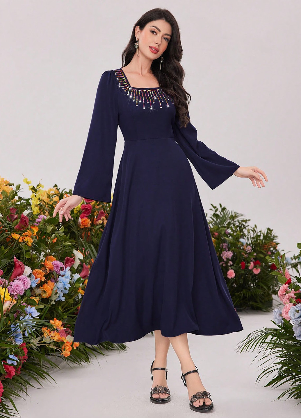 Темно-синя вечірня сукня кльош SHEIN однотонна