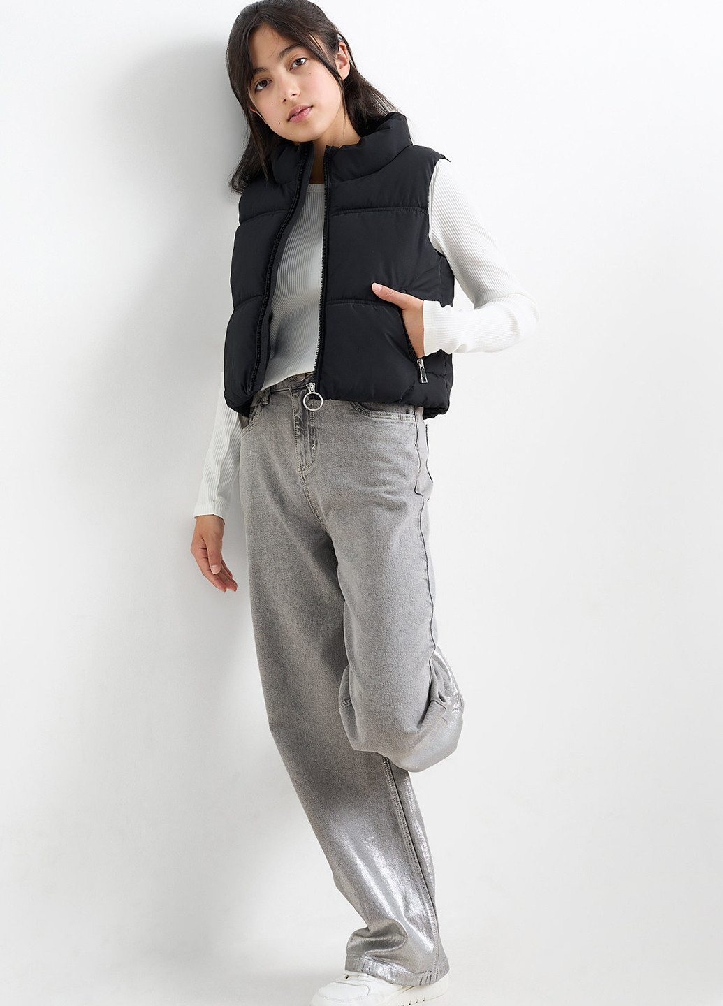 Светло-серые демисезонные мешковатые, прямые джинсы C&A