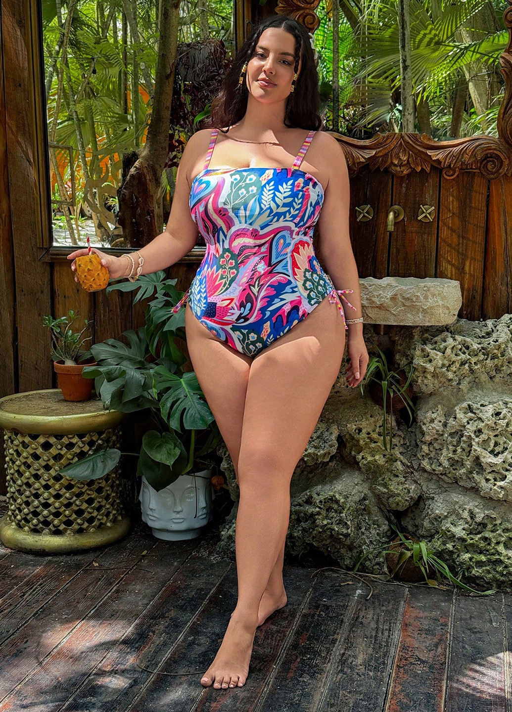 Комбинированный летний купальник слитный, бандо SHEIN