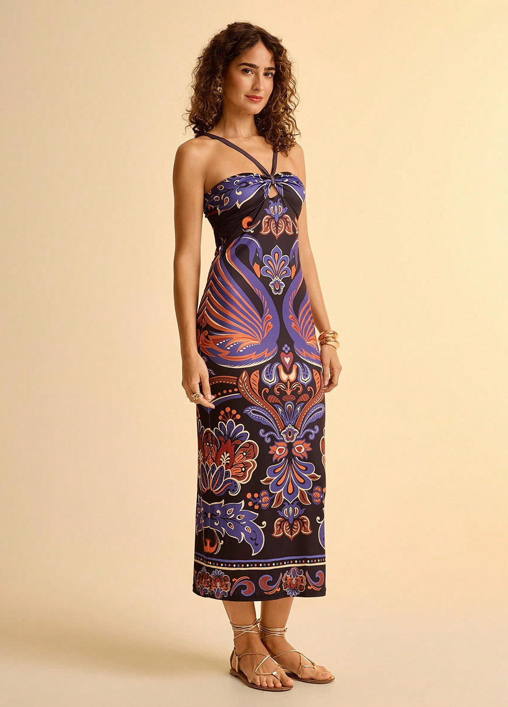 Комбинированное кэжуал платье силуэтная, с открытыми плечами, с открытой спиной SHEIN с рисунком