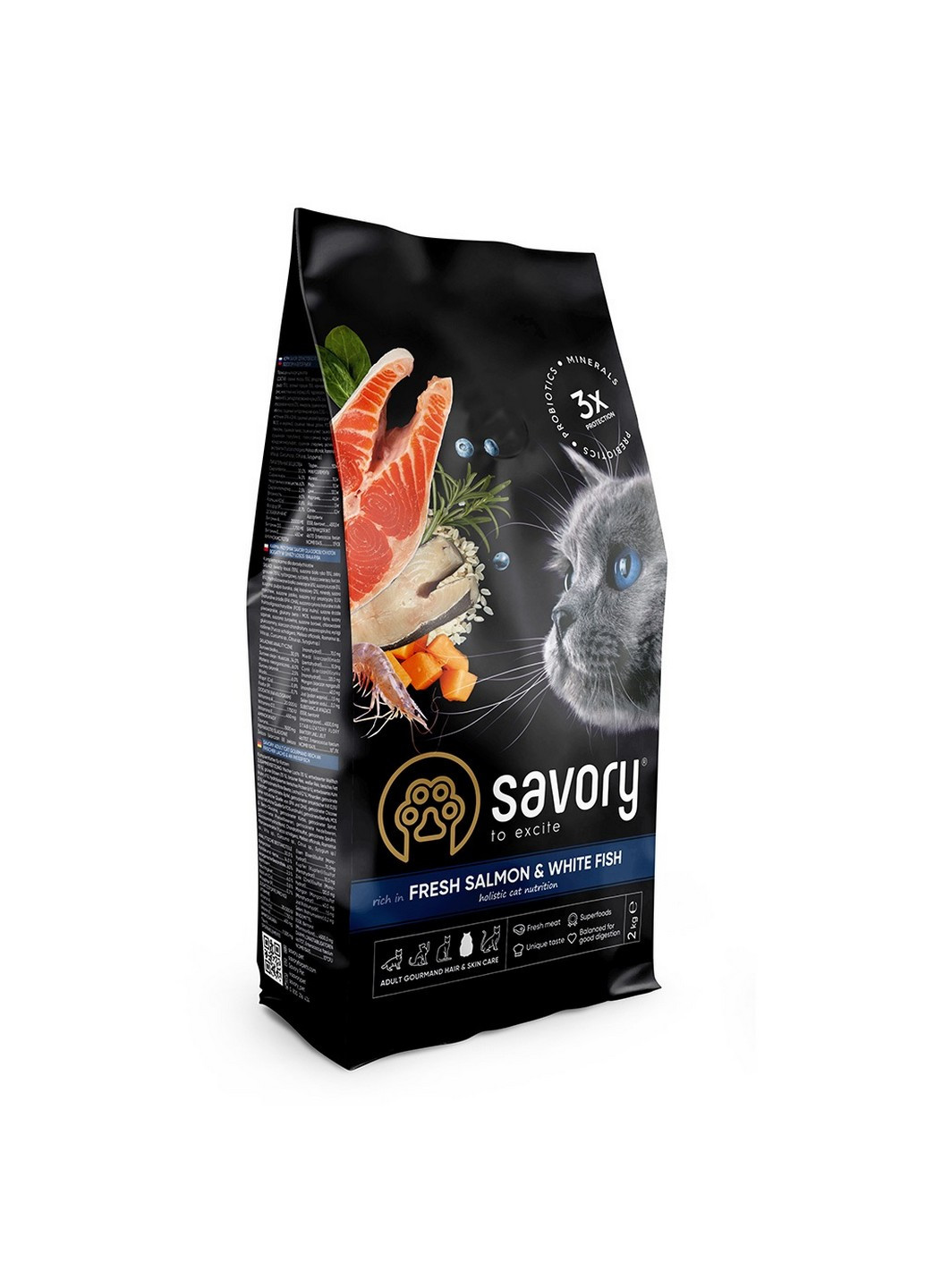 Сухий корм для довгошерстих котів, зі свіжим лососем і білою рибою, 2 кг Savory (231268537)