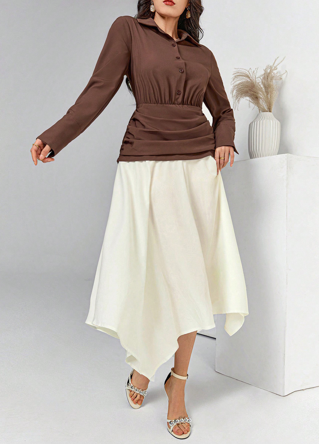 Коричнева кежуал сукня кльош SHEIN колор блок