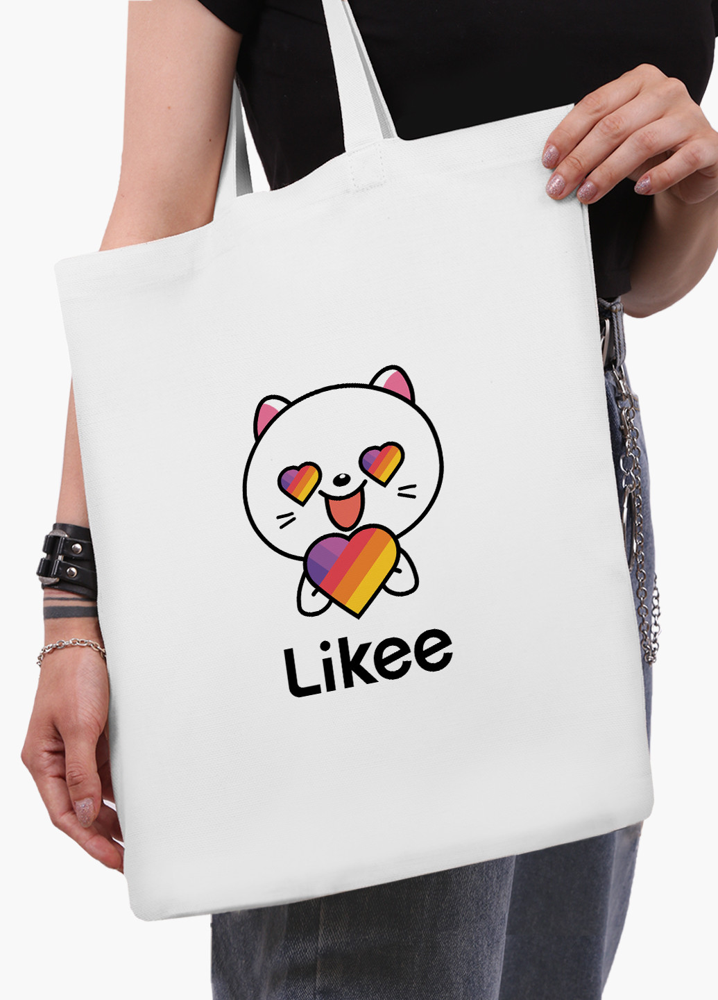 Еко сумка шоппер біла Лайк Котик (Likee Cat) (9227-1036-WT-2) екосумка шопер 41*35 см MobiPrint (219095367)
