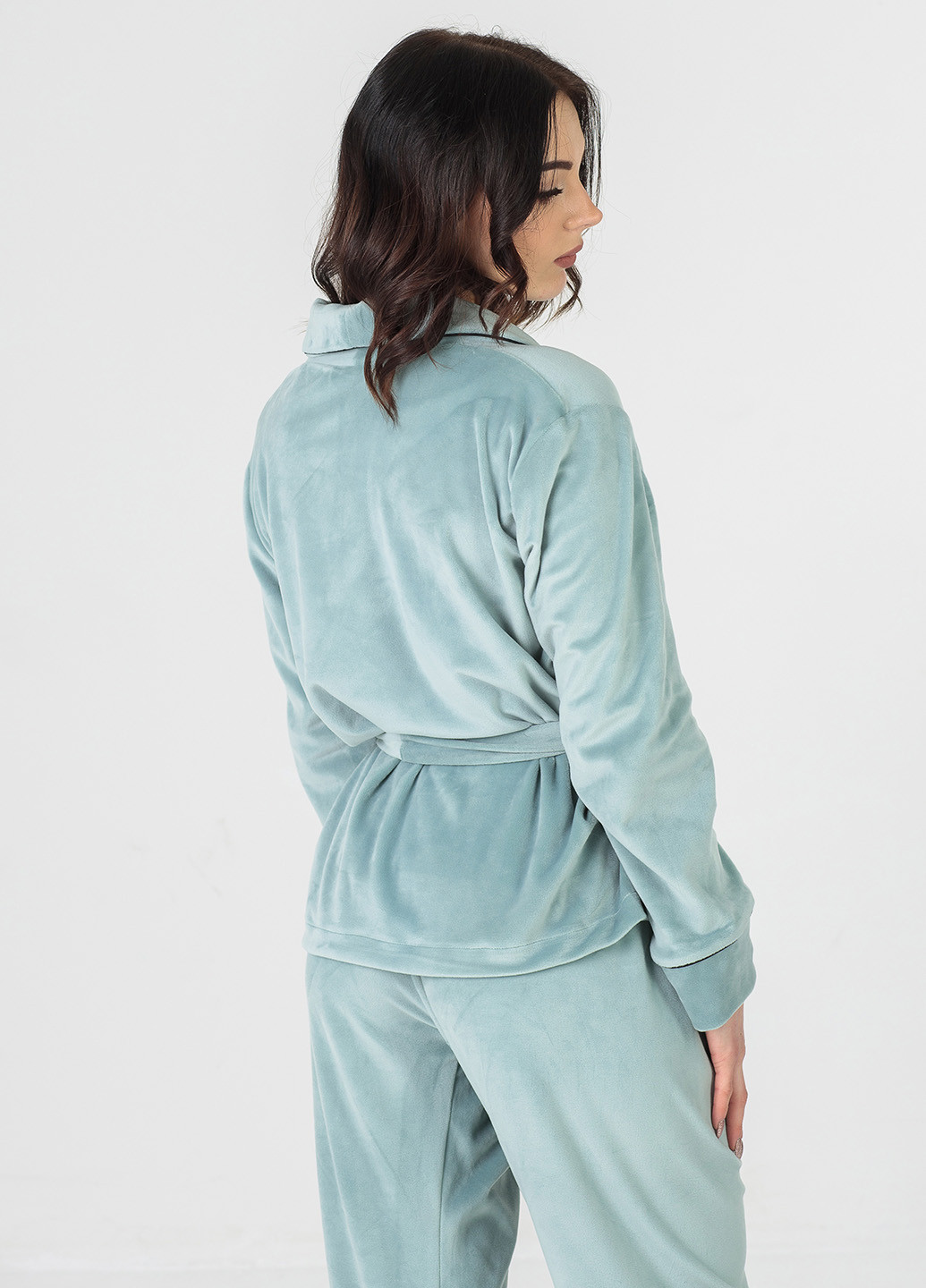 Мятная всесезон велюровая мятная пижама (халат+штаны) кофта + брюки SONTSVIT