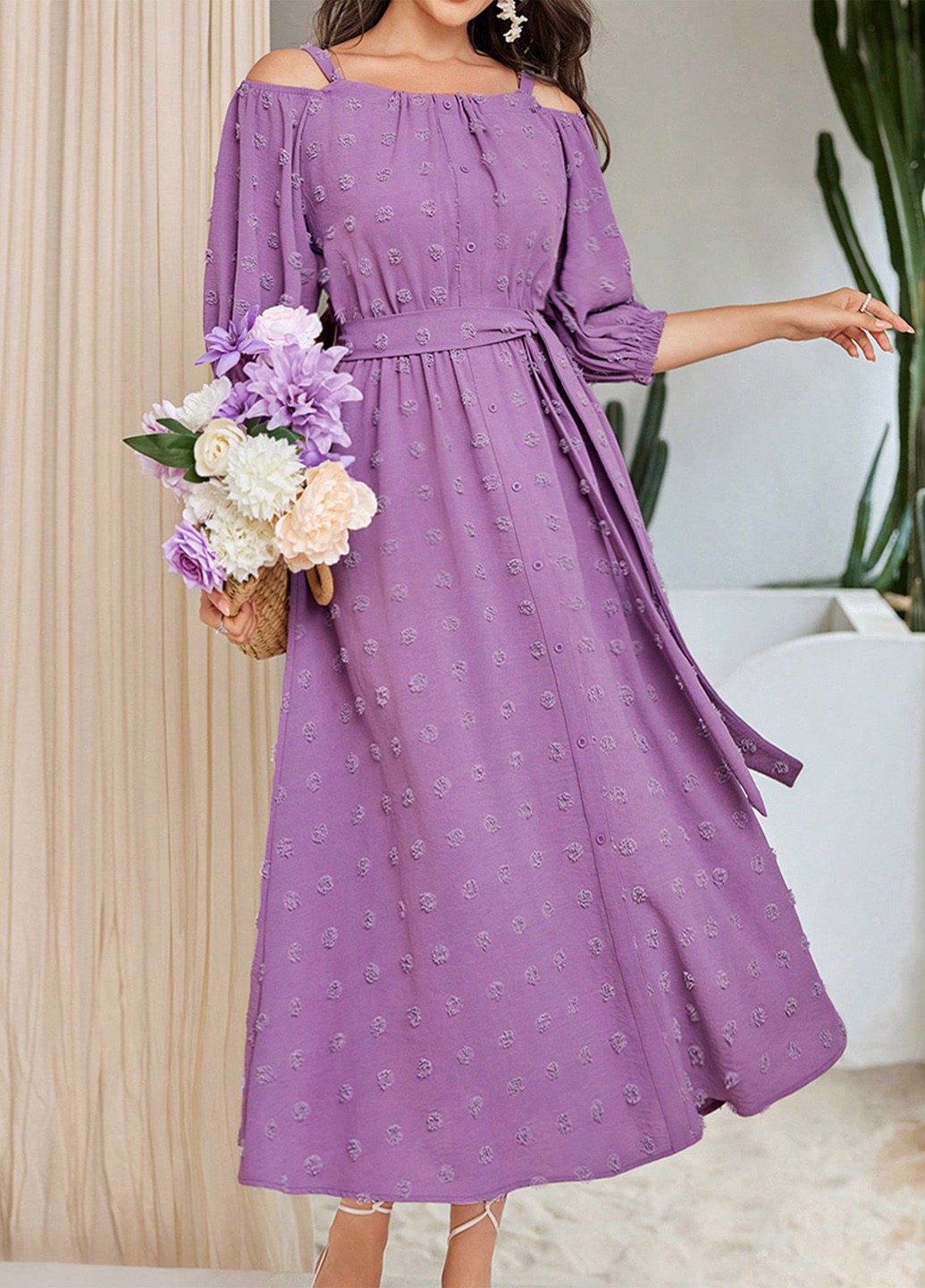 Фиолетовое кэжуал платье клеш, с открытыми плечами SHEIN однотонное