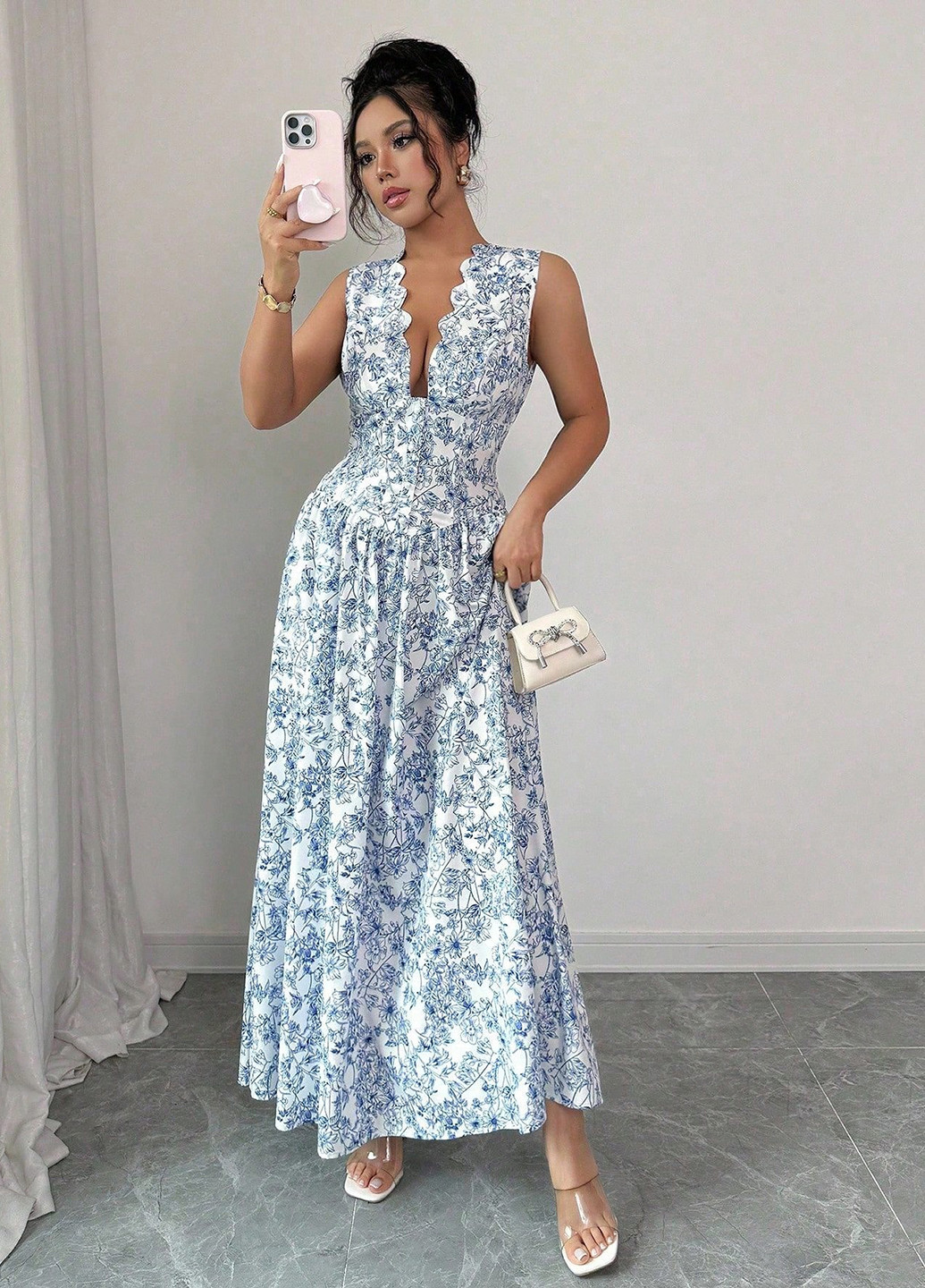 Синее вечернее, кэжуал платье клеш SHEIN с цветочным принтом