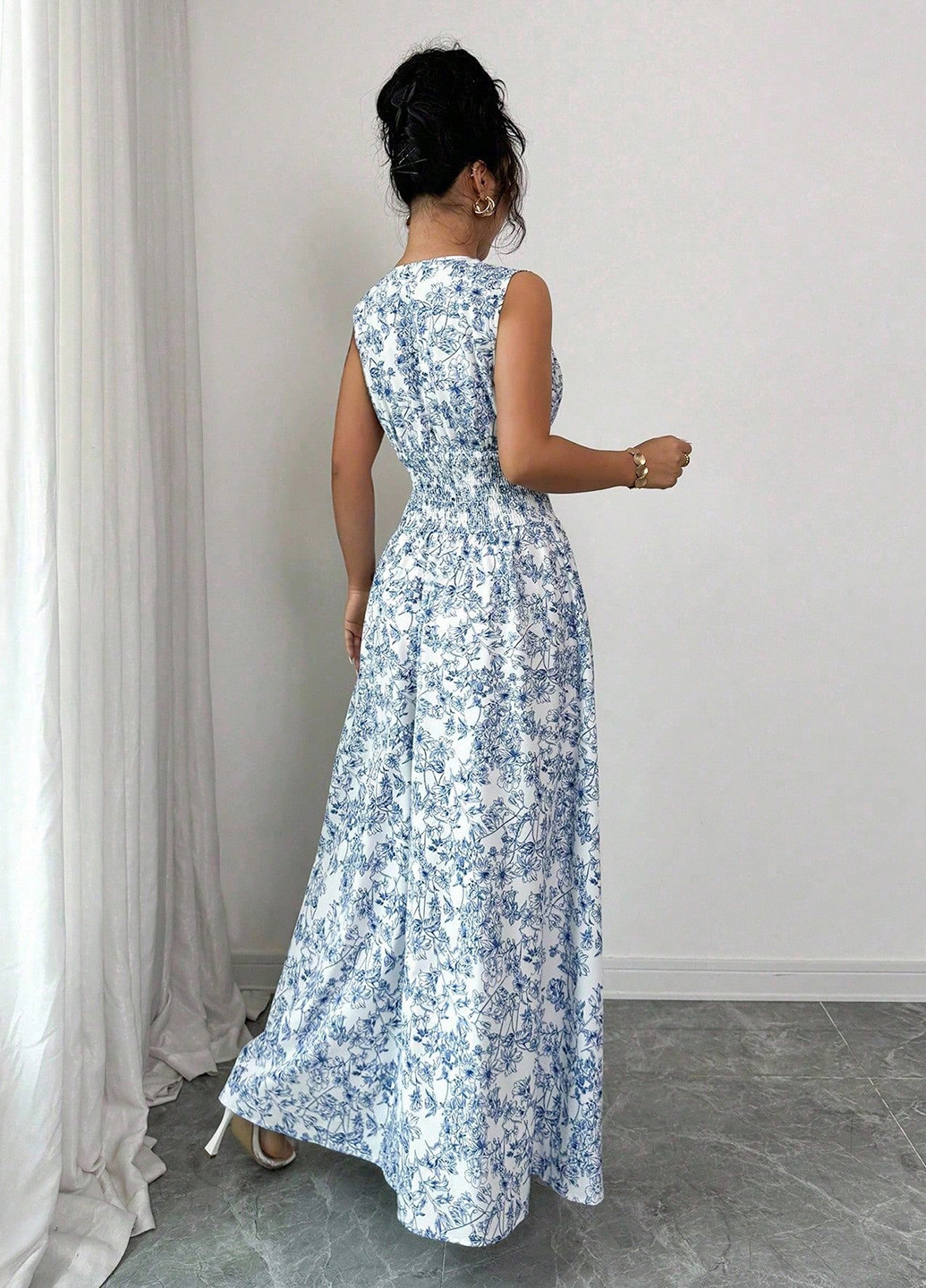 Синее вечернее, кэжуал платье клеш SHEIN с цветочным принтом