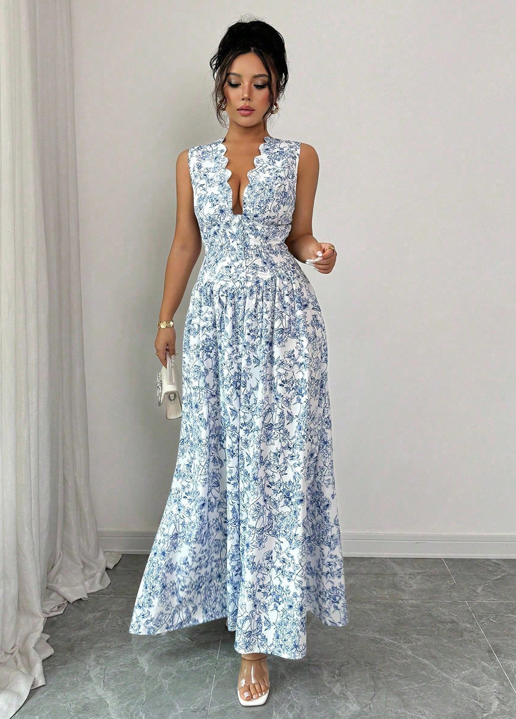 Синее вечернее, кэжуал платье клеш SHEIN с цветочным принтом