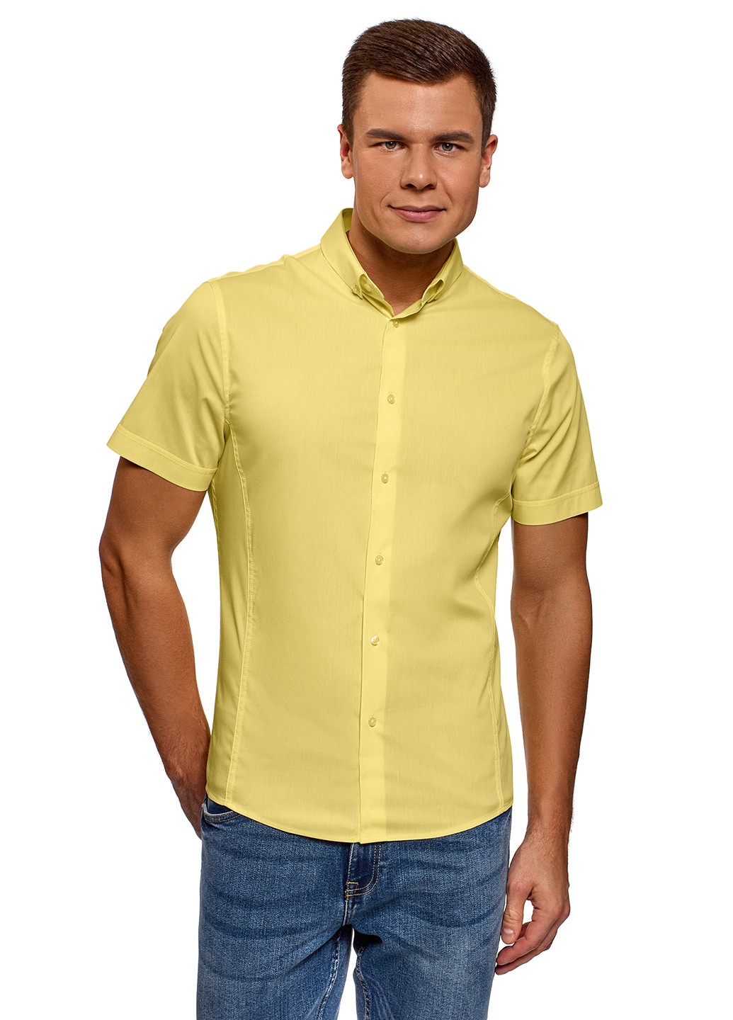 Желтая кэжуал рубашка однотонная Oodji с коротким рукавом