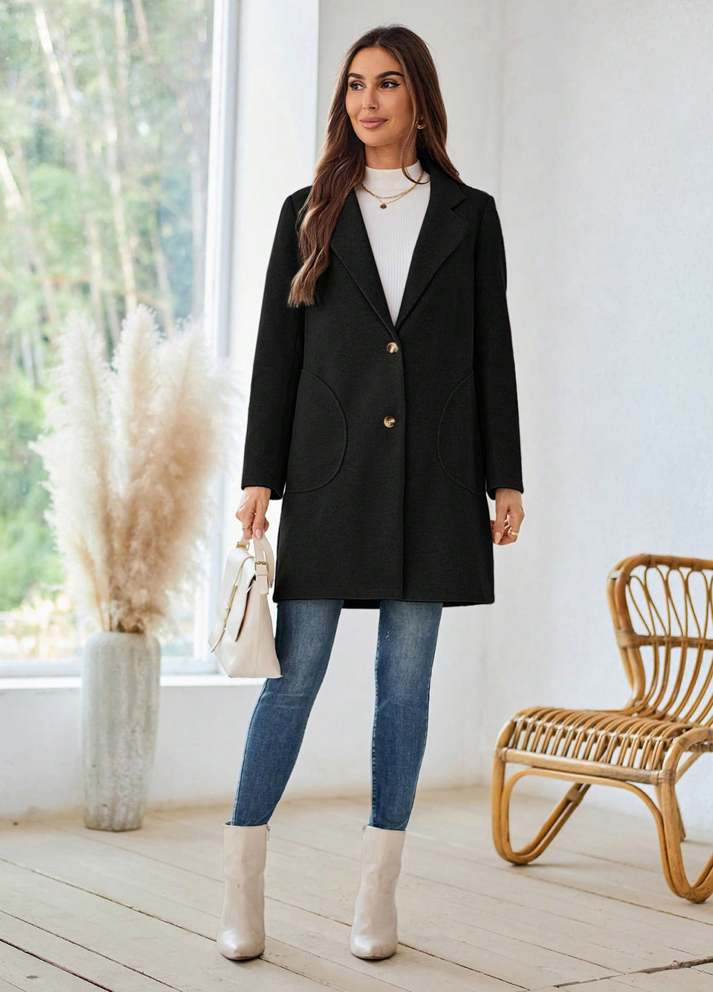 Чорне демісезонне Пальто однобортне SHEIN