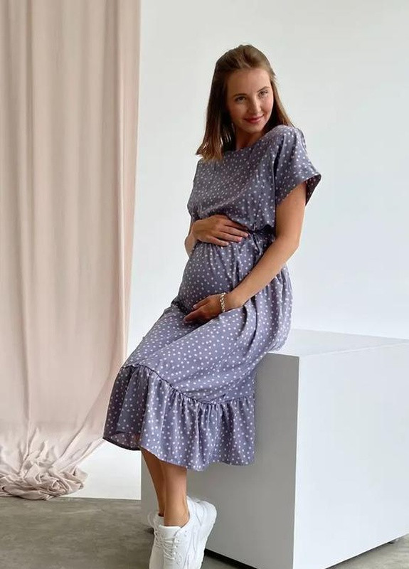 Синее кэжуал платье для беременных кормящих мам с секретом для кормления в горошек пудра To Be в горошек