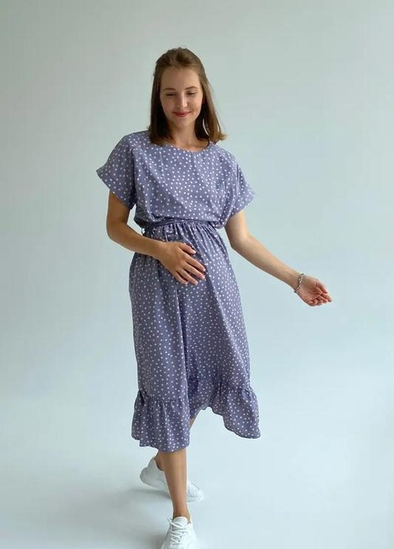 Синее кэжуал платье для беременных кормящих мам с секретом для кормления в горошек пудра To Be в горошек