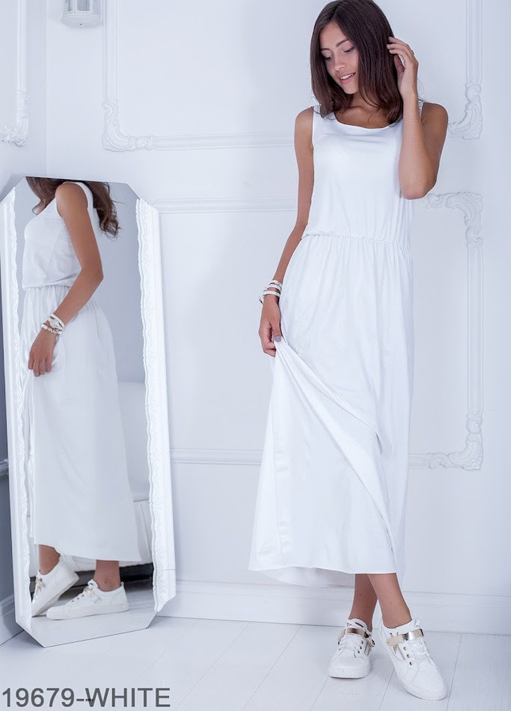 Белое кэжуал легкое свободное платье-макси с резинкой по талии alessia белый Podium однотонное