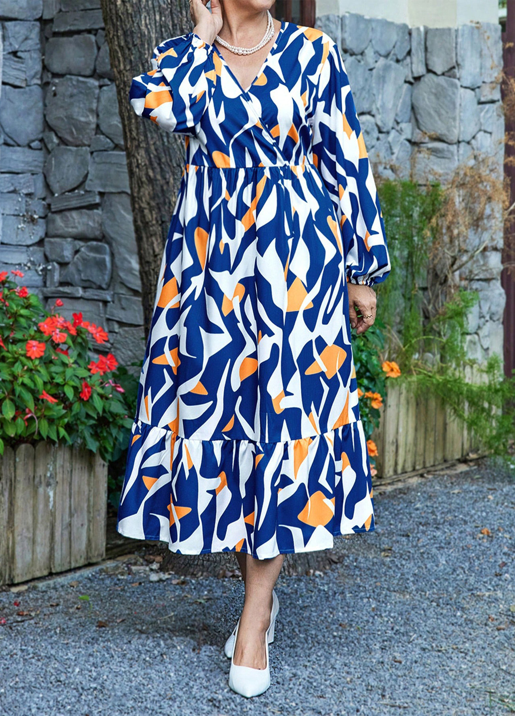 Білий святковий, кежуал сукня на запах, а-силует SHEIN з абстрактним візерунком