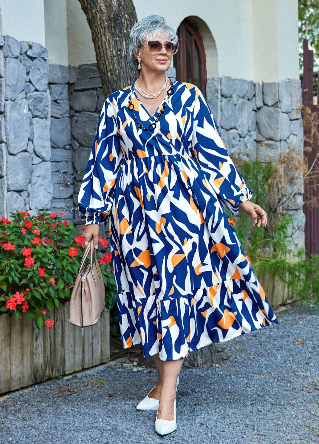 Білий святковий, кежуал сукня на запах, а-силует SHEIN з абстрактним візерунком