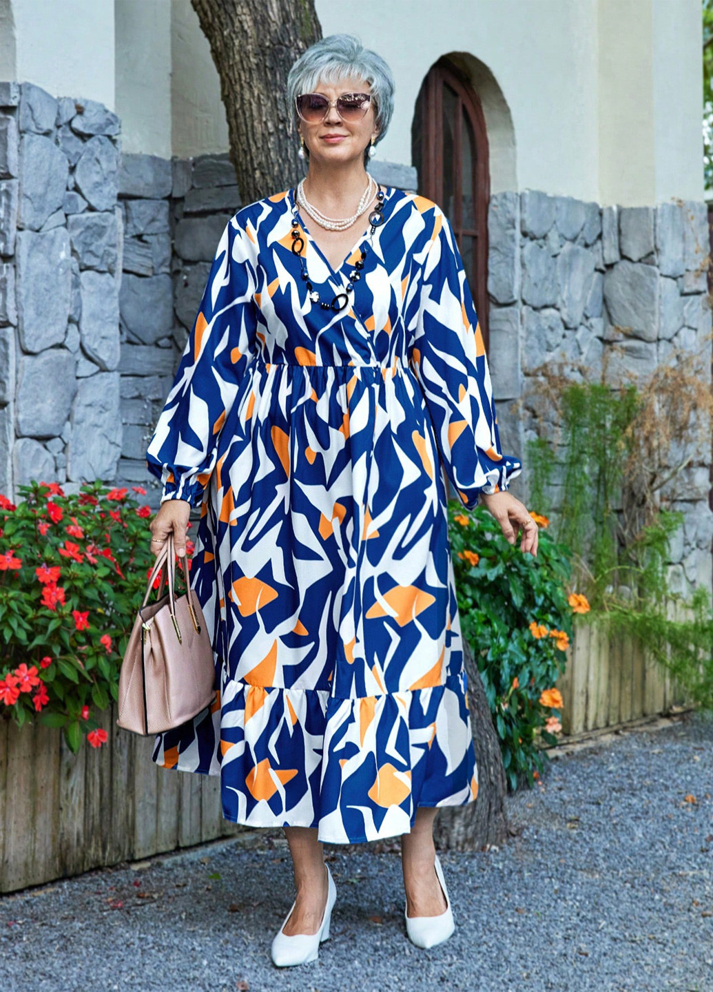 Білий святковий, кежуал сукня на запах, а-силует SHEIN з абстрактним візерунком