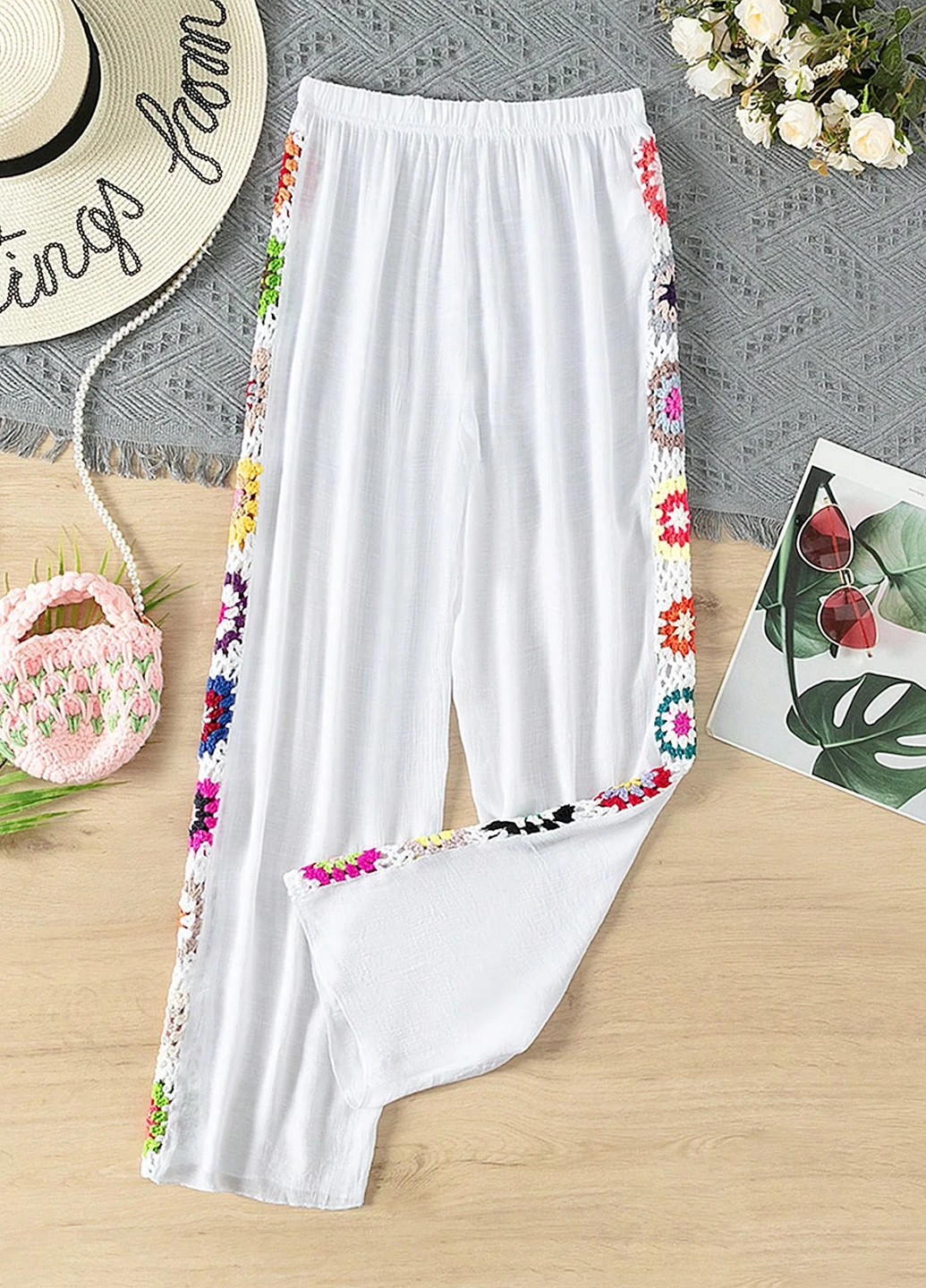 Белые пляжный летние палаццо брюки SHEIN