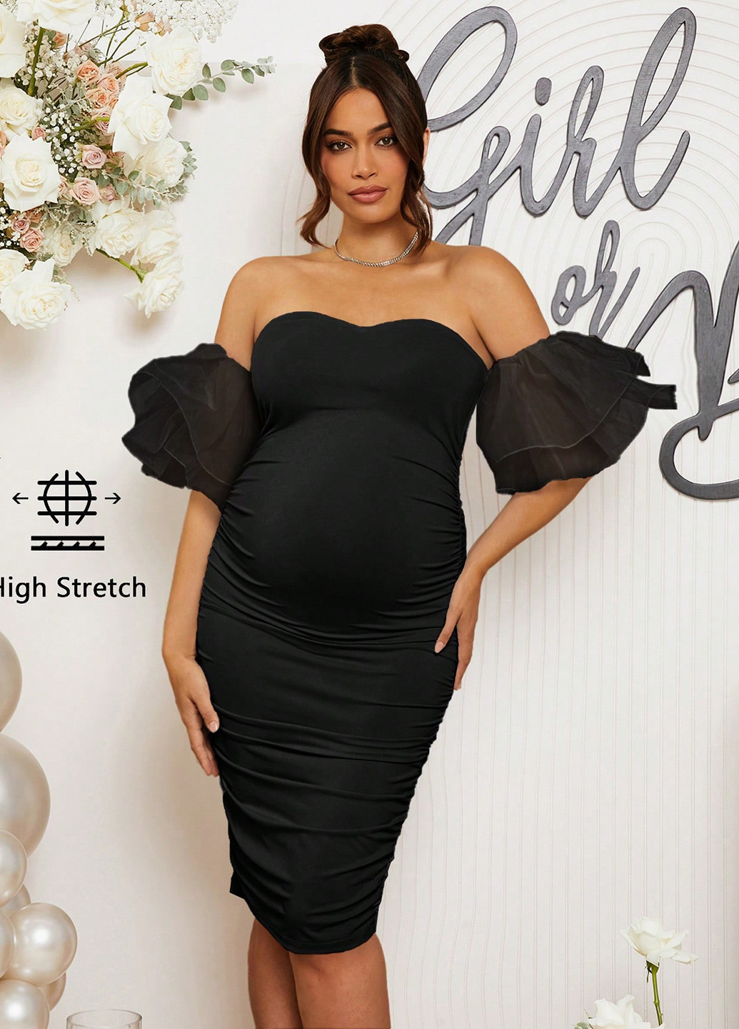 Чорна коктейльна, святковий сукня для вагітних з відкритими плечима SHEIN однотонна