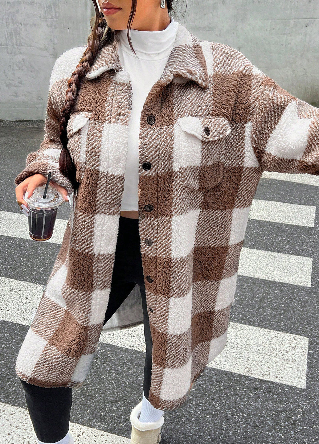 Світло-коричневе зимнє Пальто пальто-сорочка SHEIN