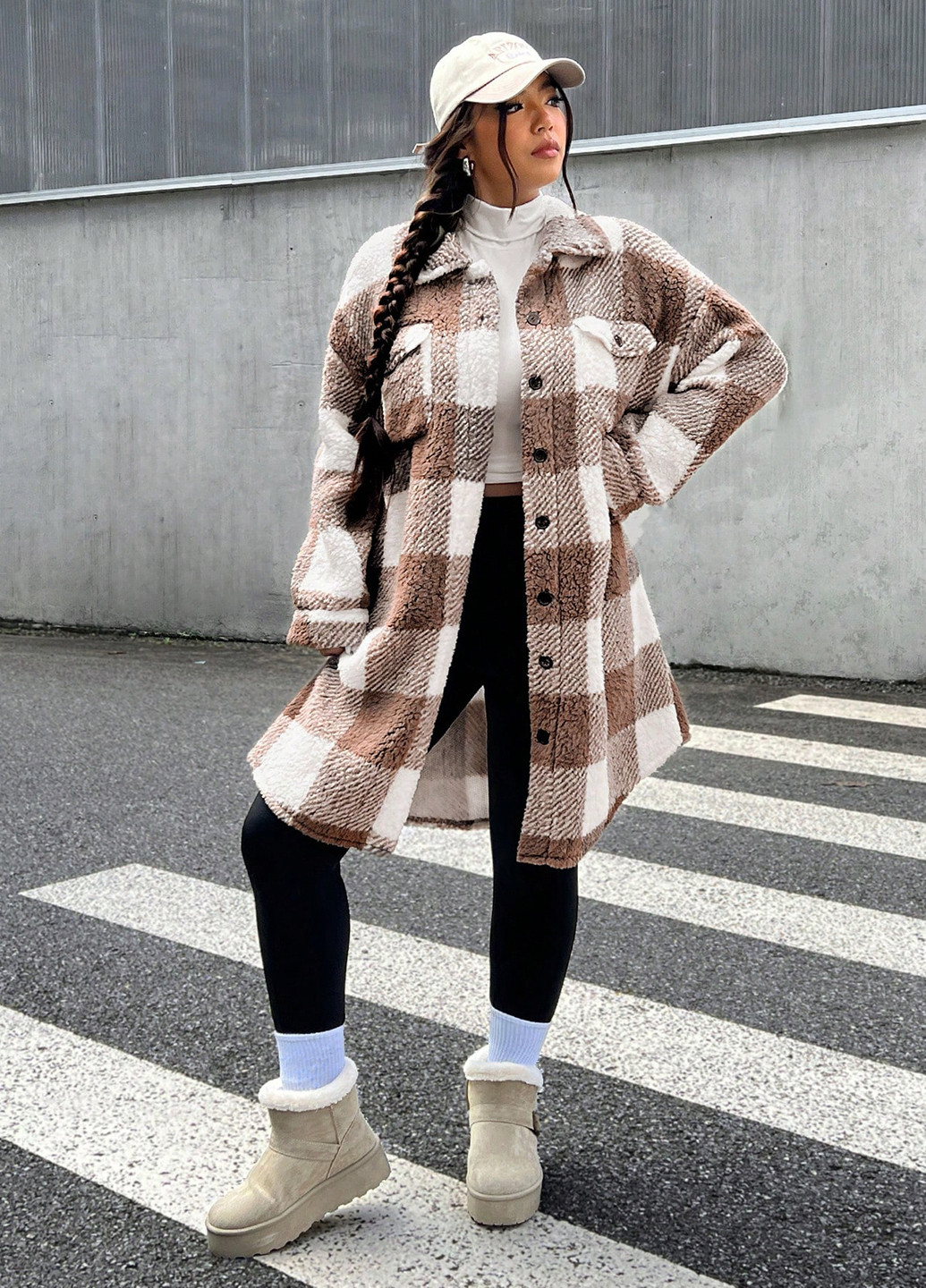 Світло-коричневе зимнє Пальто пальто-сорочка SHEIN