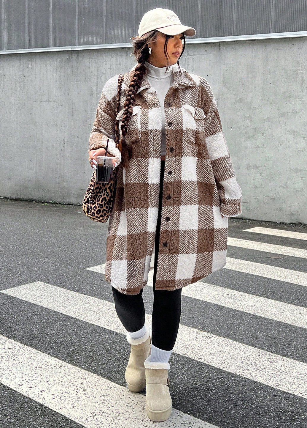 Світло-коричневе зимнє Пальто пальто-сорочка SHEIN