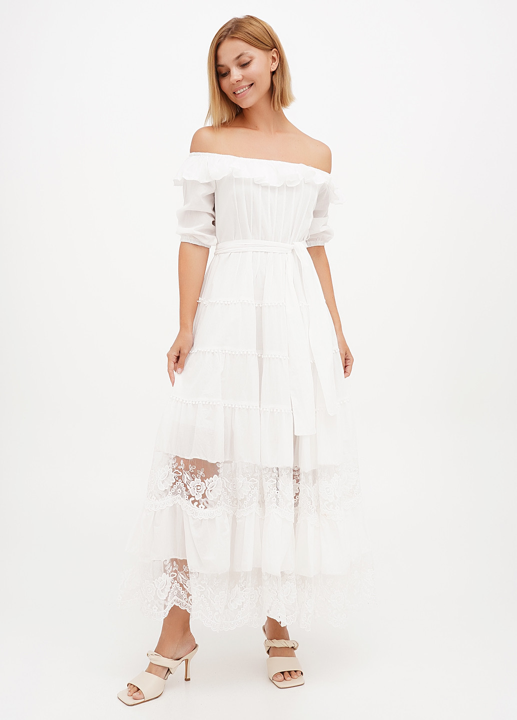 Белое кэжуал платье а-силуэт, с открытыми плечами Lara однотонное