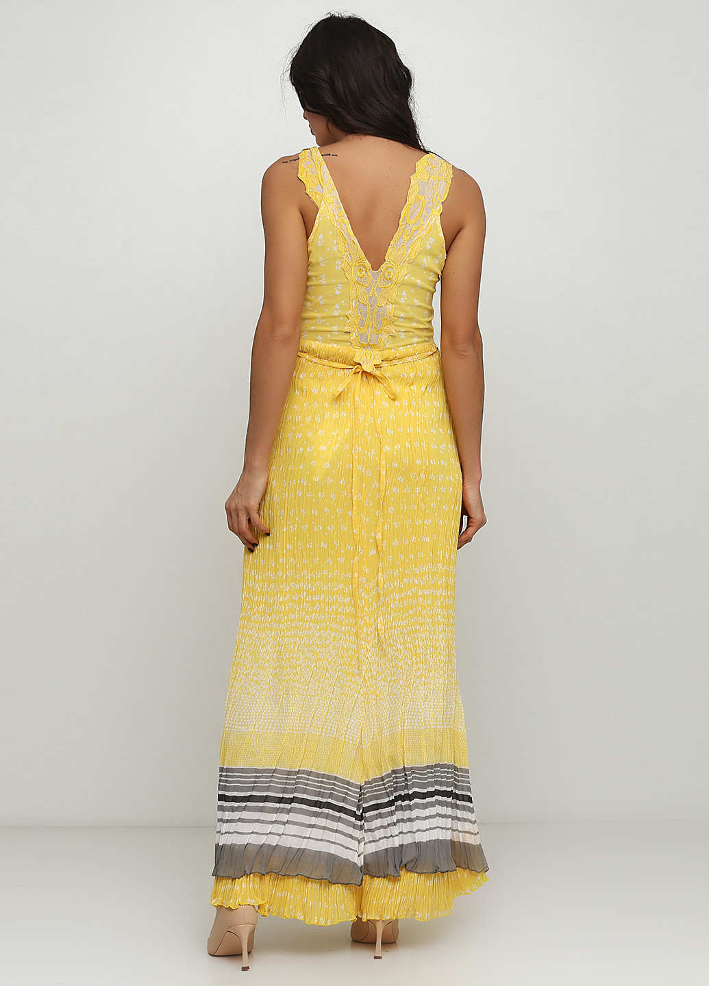 Жовтий кежуал сукня плісована, в стилі армпір Waggon в смужку
