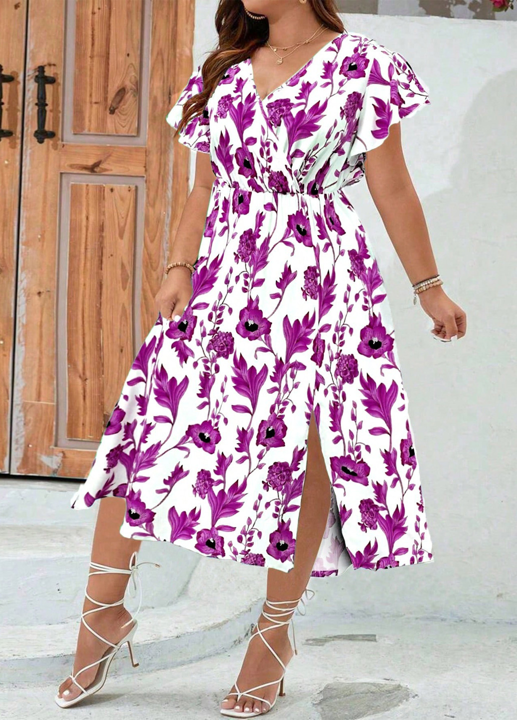 Белое кэжуал платье на запах SHEIN с цветочным принтом