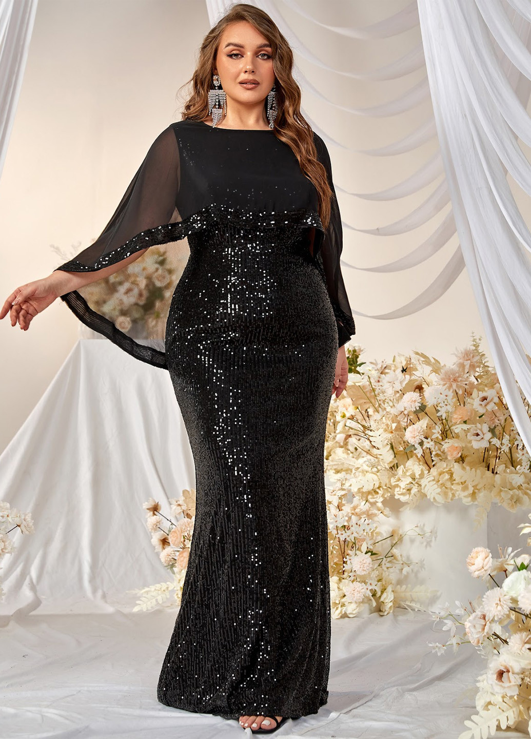 Чорна вечірня сукня годе, сукня-кейп SHEIN однотонна