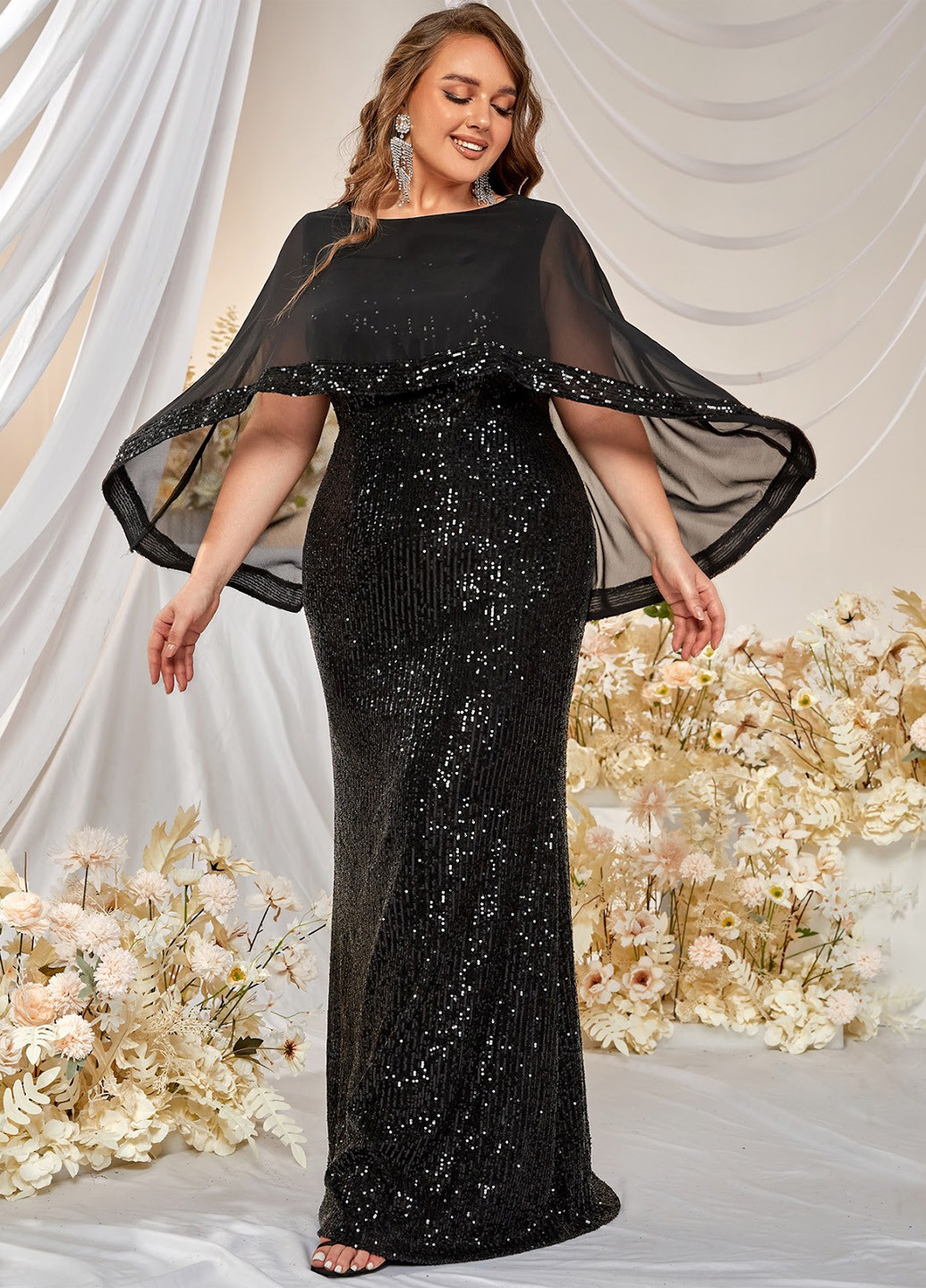 Чорна вечірня сукня годе, сукня-кейп SHEIN однотонна