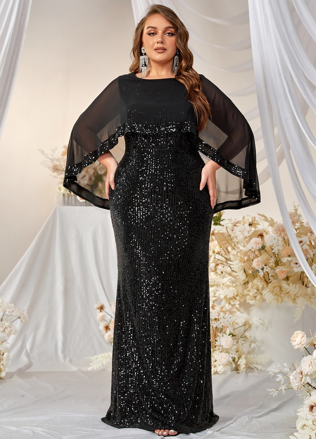 Чорна вечірня сукня годе, сукня-кейп SHEIN однотонна