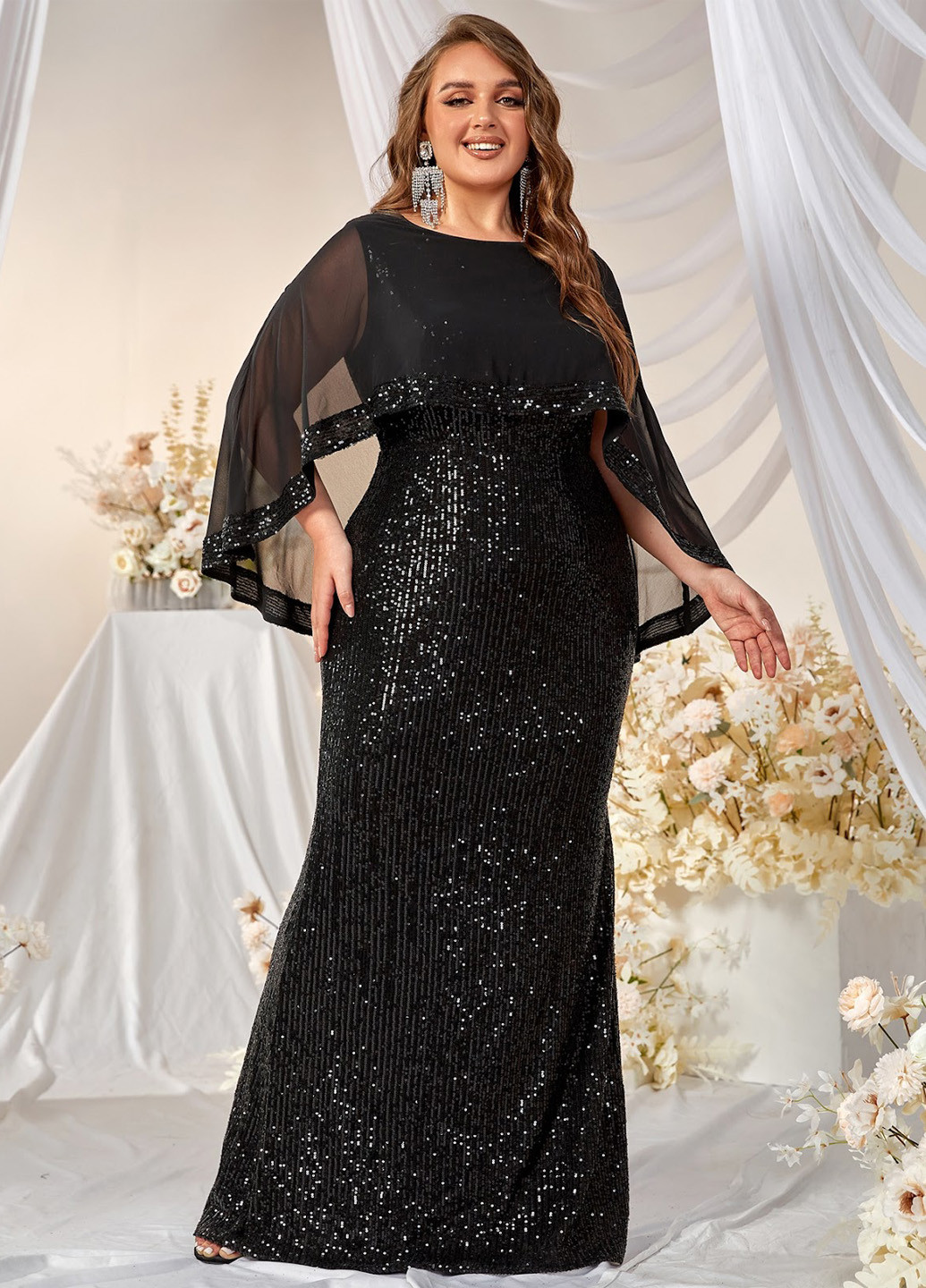 Чорна вечірня сукня годе, сукня-кейп SHEIN однотонна