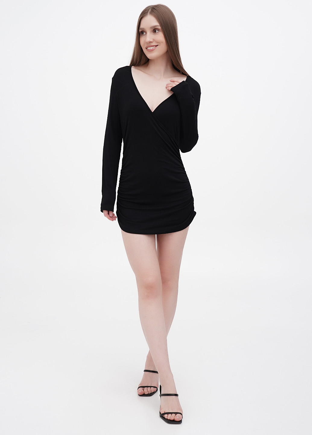 Черное кэжуал платье на запах No Brand однотонное