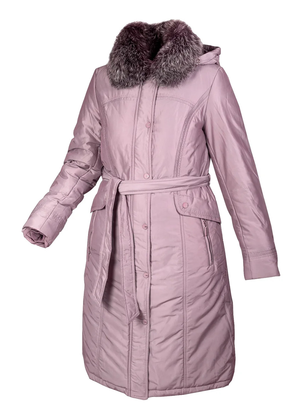 Сиреневое зимнее Пуховик пальто с капюшоном с мехом чернобурки City Classic