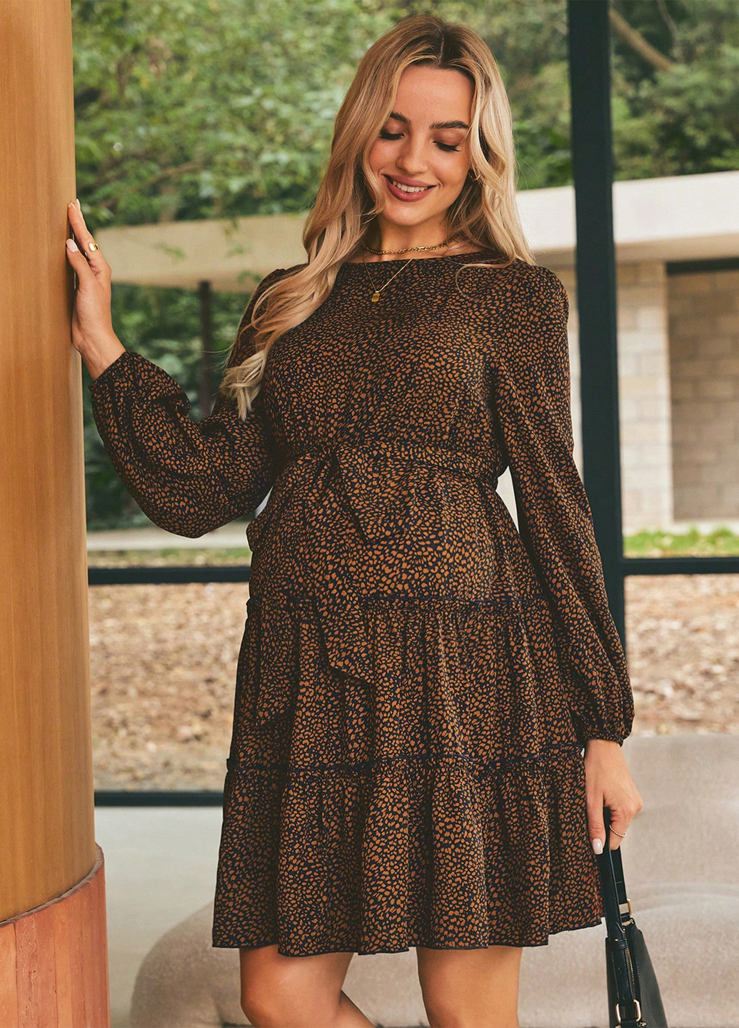 Коричневое кэжуал платье для беременных клеш SHEIN с животным (анималистичным) принтом