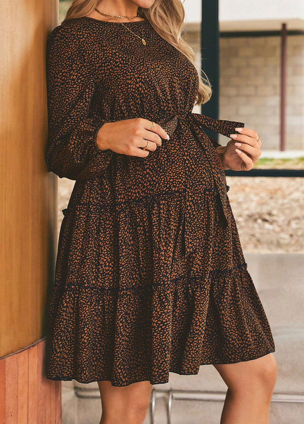 Коричневое кэжуал платье для беременных клеш SHEIN с животным (анималистичным) принтом