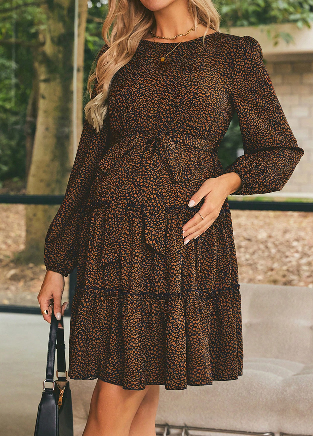 Коричневое кэжуал платье для беременных клеш SHEIN с животным (анималистичным) принтом