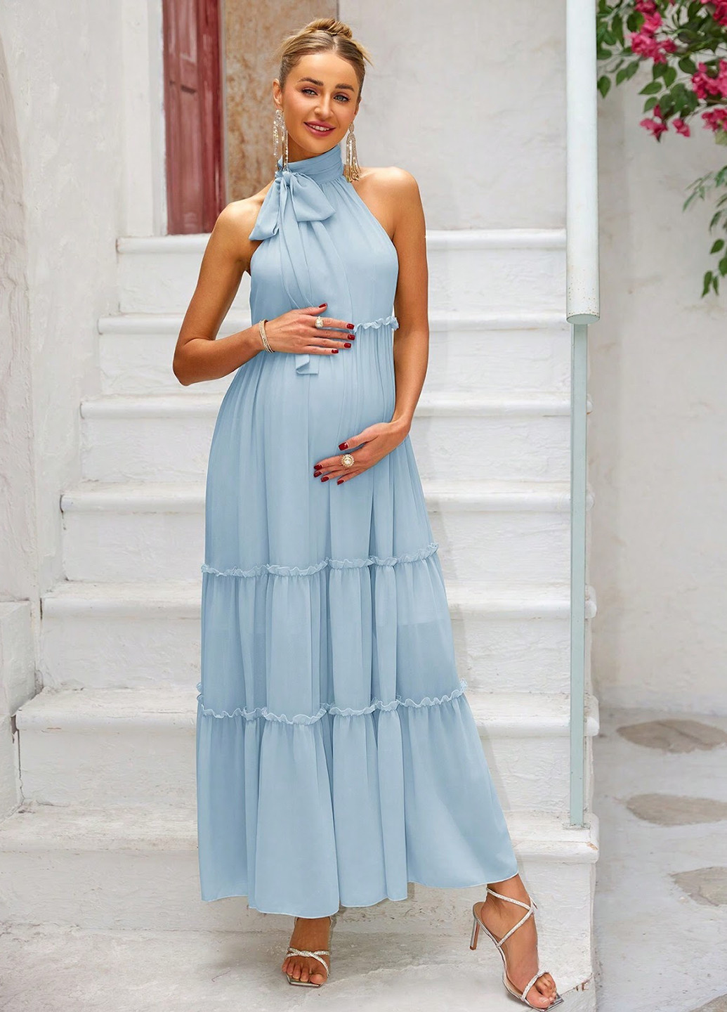 Світло-блакитна вечірня сукня для вагітних а-силует SHEIN однотонна