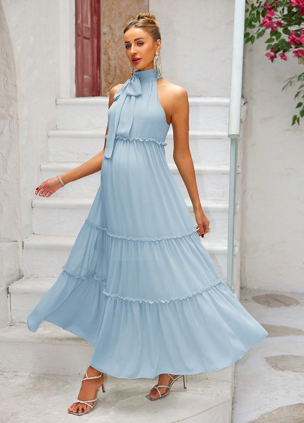 Світло-блакитна вечірня сукня для вагітних а-силует SHEIN однотонна