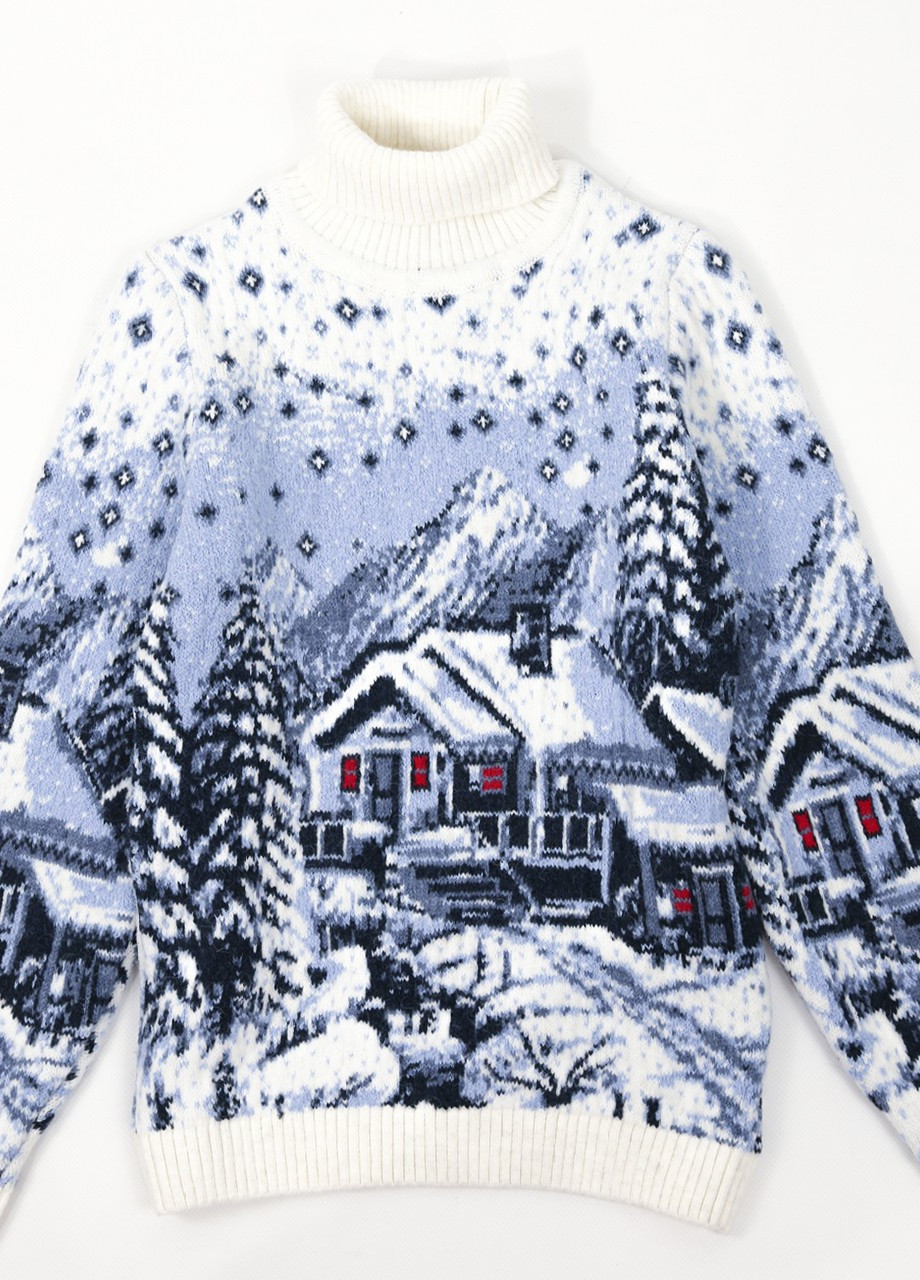 Молочный зимний свитер для мальчика молочный зимний теплый принт с домиками Pulltonic Прямая