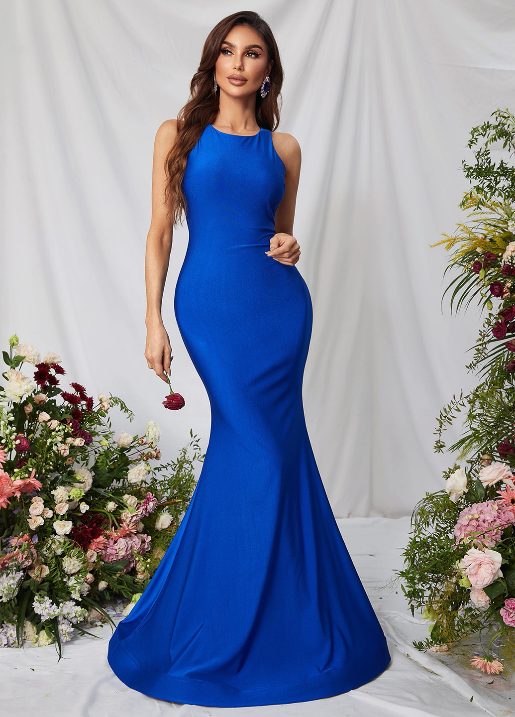 Синее коктейльное, вечернее платье силуэтная, годе, футляр SHEIN однотонное